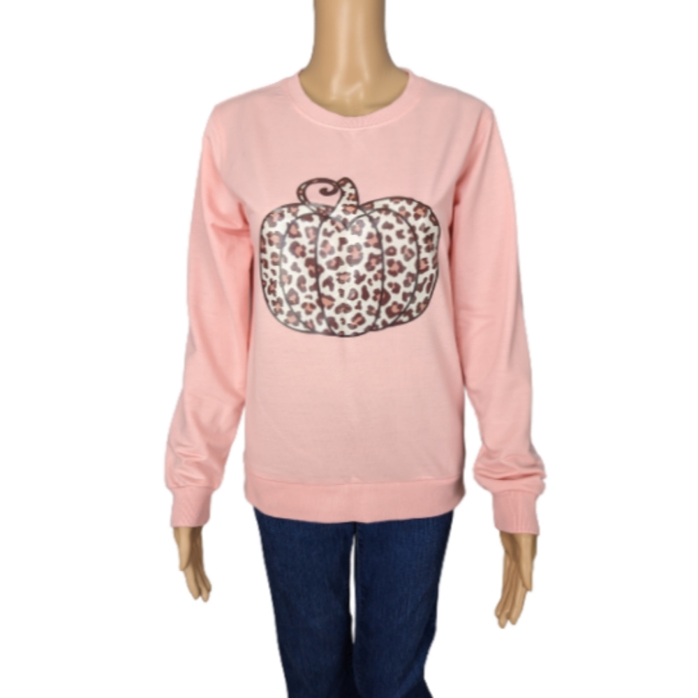 Leopard Print Pumpkin Pullover Pink Sweatshirt S